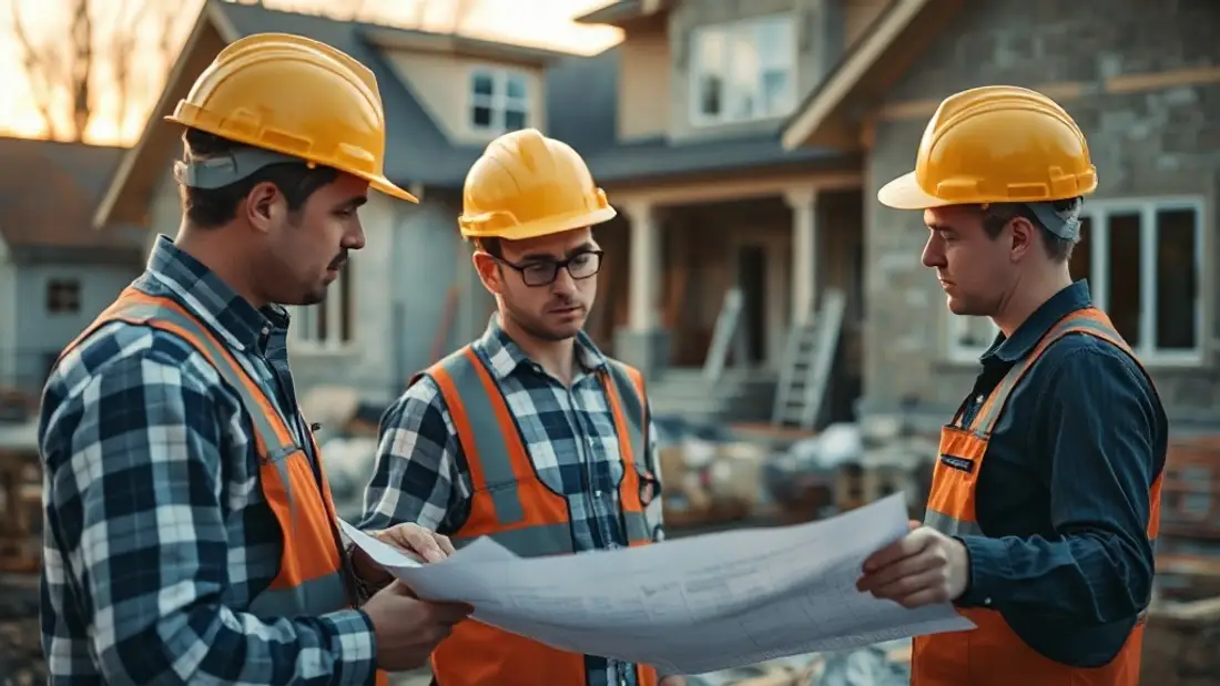 Construction crew reviewing plans at a residential job site