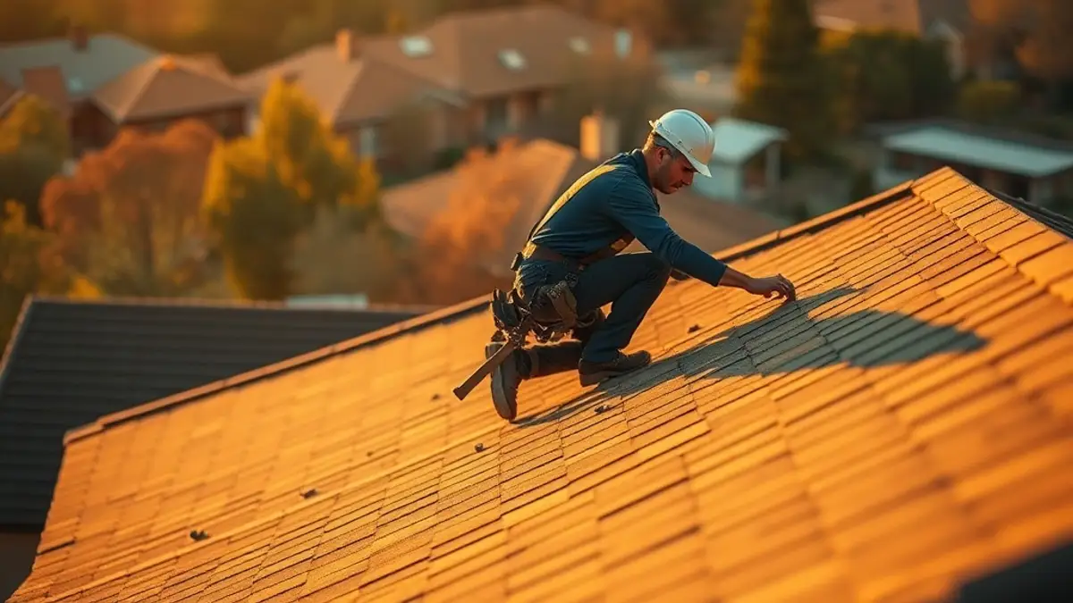 Roofing contractor working on a residential roof at golden hour