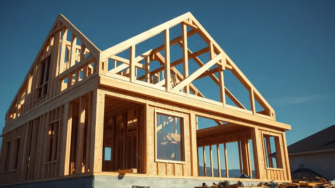 New wood-frame home under construction against a blue sky