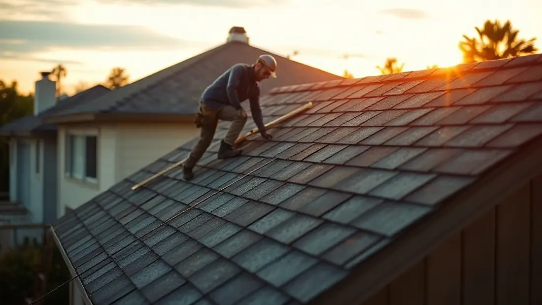 Roofing crew installing shingles on a suburban house at golden hour