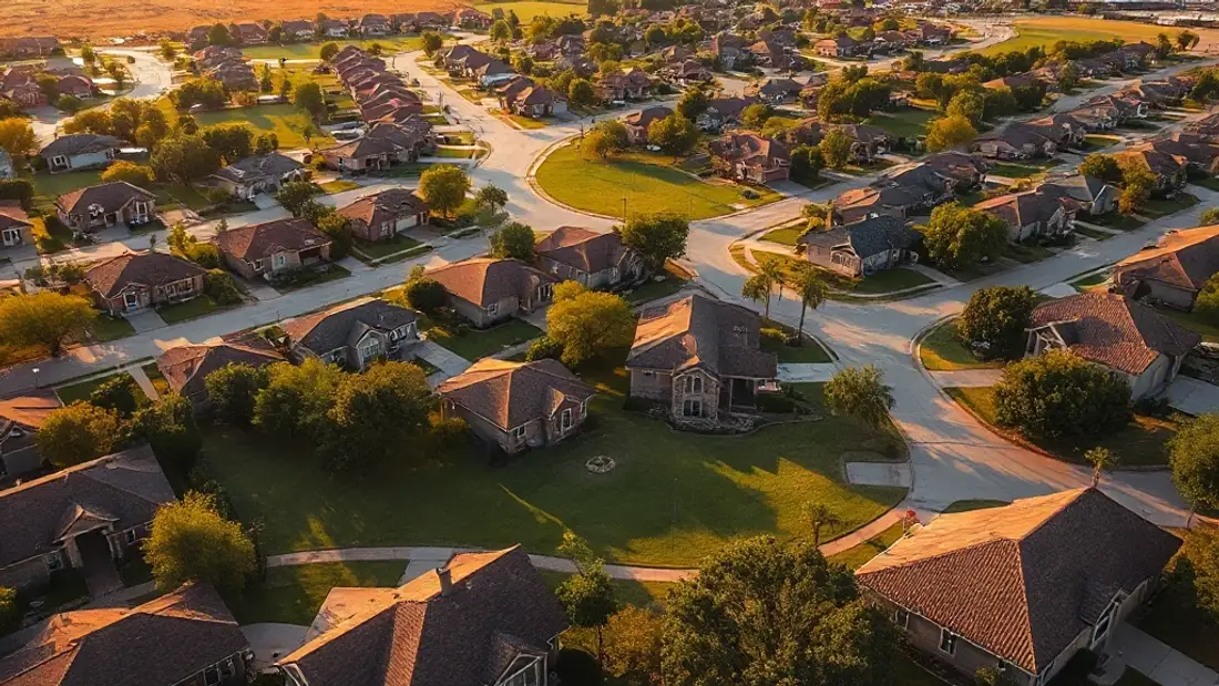 Aerial view of a Austin-area Texas suburban neighborhood at golden hour